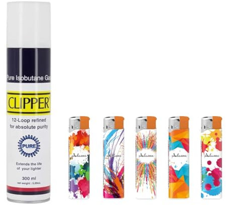 Clipper Gas Encendedor - 300ml - Pure Isobutano mas 5 Mecheros Electronicos Recargables y Ajustables de Llama de Varios Dibujos al Azar de Regalo Juego Exclusivo para DISPAU.