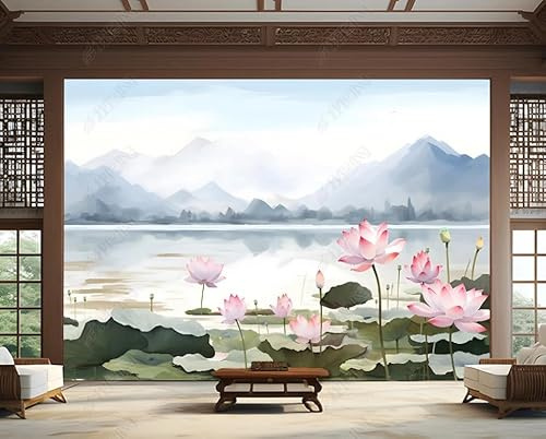 Papier Peint Intissé Lotus Paysage À L'Encre De Style Chinois Poster Tableaux Muraux Tapisserie Photo Trompe L'Oeil Salon Chambre Art Mural 250Cm(L) X175Cm(H)