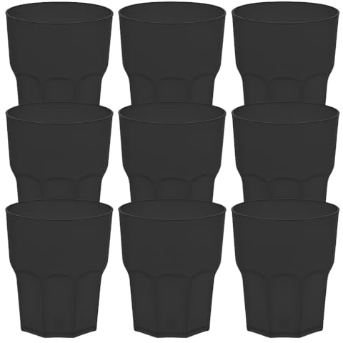 9x GLASSY CUP® 480 ml Schwarz Transparent – Bruchfester Kunststoffbecher im Glaslook – BPA-frei, spülmaschinenfest, wiederverwendbar – Ideal für Cocktail, Caipi, Party, Camping & Outdoor
