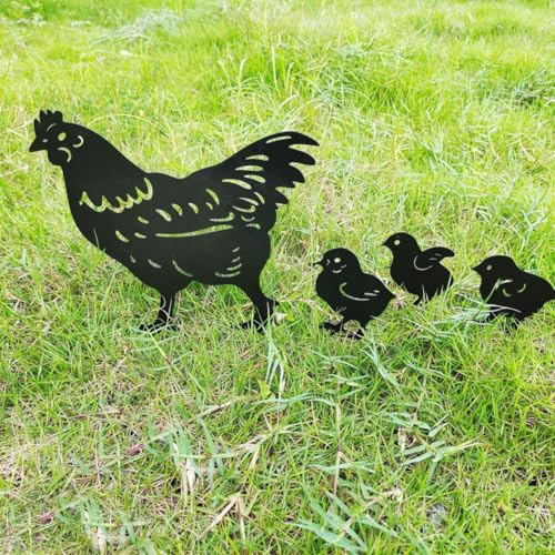 Mateju Lot de 4 Piquets de Jardin en Forme de Poule et Poussins, Statues Piquet de Poule en Métal Ajouré Noir, Poulailler Extérieur Décoration pour Terrasse, Cour, Balcon, Pelouse (Black)