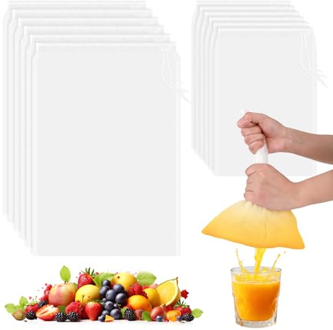 Nussmilchbeutel, 12 Stück Passiertuch Wiederverwendbar, 20x30cm / 15x20cm Feingewebt Passiertuch Nylon Filterbeutel Nussmilchbeutel Bio Waschbar mit Kordelzug für Nussmilch Käse Kaffee Fruchtsaft
