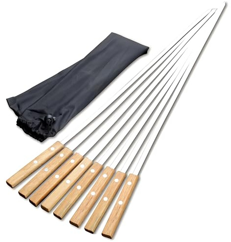 IMEEA Paquete de 8 brochetas planas para barbacoa de 55 cm, de acero inoxidable, 1 cm de ancho, con mango de madera, pincho de metal