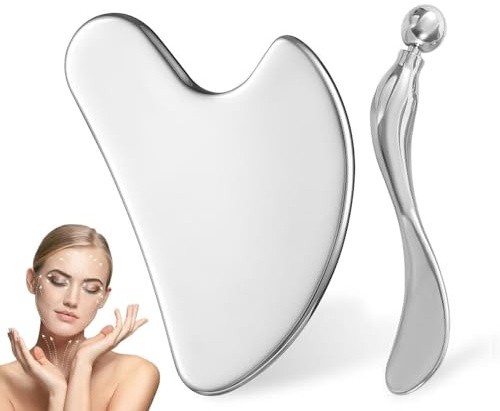 ZSSZD Edelstahl Gua Sha Stein & Augencreme Massage Stab, Guasha Gesichtswerkzeug, Guasha Scraping mit Aufbewahrungstasche & Reinigungstuch, Kieferlinienformer für Gesicht, Augen, Nacken, Körper