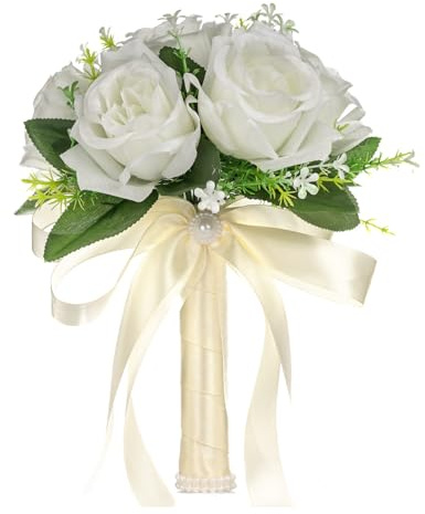 Iuhtrb Bouquet da sposa bianco con rose artificiali a mano, per matrimoni, feste, balli studenteschi, bouquet da lancio