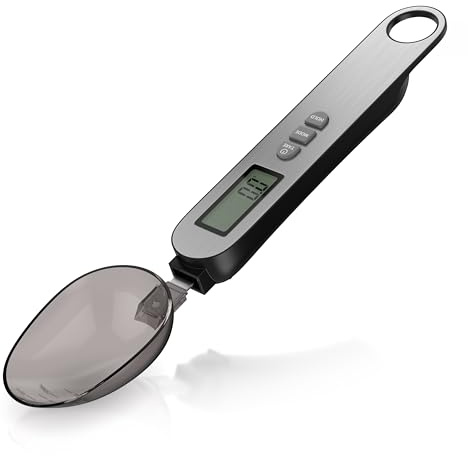Arendo - Löffelwaage digital – 1 bis 500 g – Tara – 2 Löffelaufsätze – Skala 1: 5-25 ml, Skala 2: 10-50 ml – Hold – Auflösung 0,1 g – Energiesparfunktion – Einheiten g, oz, ml