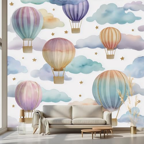 Kioldoq Ballon Wolken Tapete Selbstklebende Schlafzimmer, Heißluftballon Fototapete Wohnzimmer, Stern Kind Tapeten Wandtapete Kinderzimmer Wanddeko Motivtapeten 200 x 300 cm