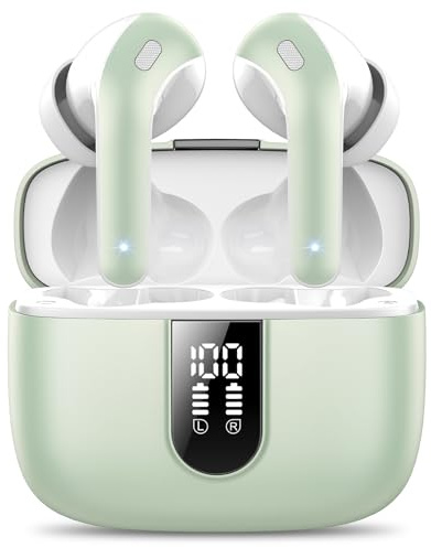 Ecouteurs Bluetooth sans Fil, Écouteurs Bluetooth 5.3, 50 Hrs Contrôle Tactile, 4 ENC Appel Réduction Antibruit Mic, Basses Profondes, Ajustement Confortable, IP7 Étanche Casque（Vert Menthe Classique