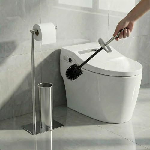 Alivio Freestanding Toilet Paper Holder with Toilet Brush Set, Stainless Steel 2-in-1 Bathroom Floor Stand, No Drilling, Modern Design with Weighted Base (22 x 16 x 67cm)