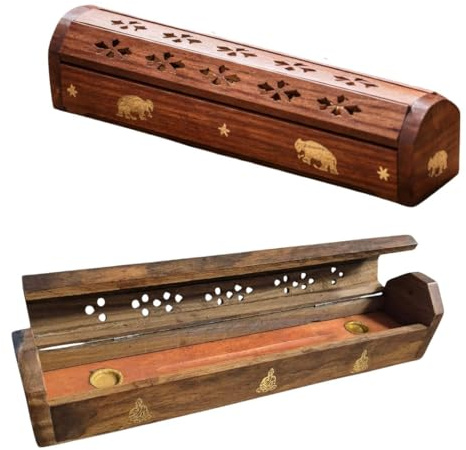 Pack 2 Baúles Portaincienso de Madera de la India – Caja de Incienso Holística para Relajación, Meditación y Ambiente Tranquilo – Medidas 30,5 x 6,2 x 5,5 cm
