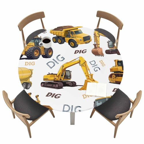 Construction Truck Vinyl Outdoor Round Fitted Tablecloth with Elastic Edge-Waterproof,Cartoon Grips and Bulldozers Stirrup Car Table Cover Protector for Indoor Outdoor Patio Dinning Party 55-60