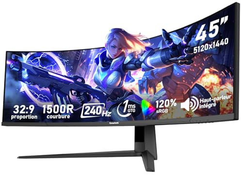 Gawfolk 45 Pouces Écran PC Gaming incurvé Ultra-Large, courbure 1500R, Moniteur DQHD(5120×1440), 240Hz, 1ms, FreeSync, 120% sRGB, Haut-Parleur intégré, Ports HDMI 2.1&DP 1.4, Compatible Murale –Noir