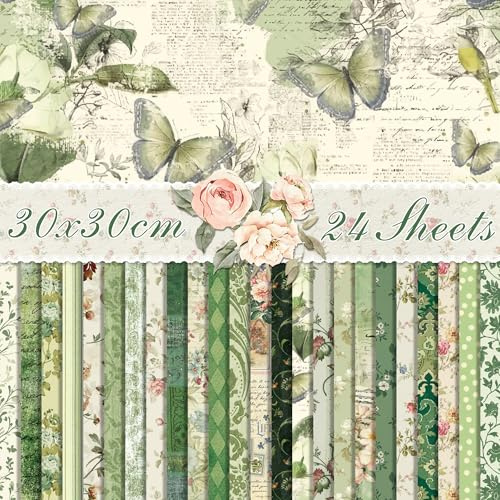 24 Blatt Scrapbook Papier Grün Vintage Blumen Motiv, 12 Designs Doppelseitiges Bastelpapier für Scrapbooking, Kartenherstellung & DIY – Romantisches Designpapier 30x30 cm