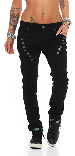 Fashion4Young 10826 MOZZAAR Damen Jeans Jeans Röhrenjeans Haremshose Damenjeans Hüftjeans Baggy (XS=34, Schwarz)