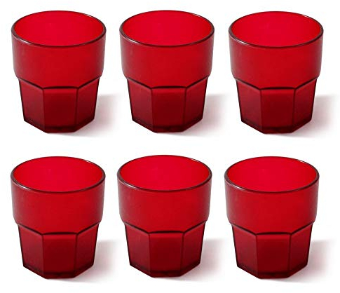 omada Design set de 6 vasos de 30 cl, bebidas o vasos largos, 12,5 cm de alto en plástico, irrompible, apilable, forma octogonal y apto para lavavajillas, línea Unglassy (6 Pezzi Rojos)
