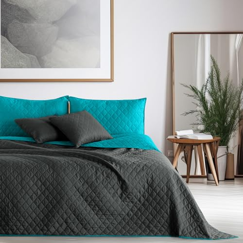 DecoKing Tagesdecke 200 x 220 cm dunkeltürkis anthrazit Bettüberwurf zweiseitig pflegeleicht Axel