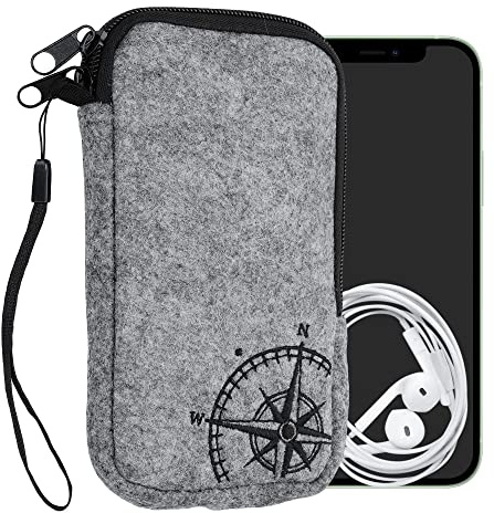 kwmobile Handytasche für Smartphones L - 6,5 - Handy Filztasche - Kompass Vintage Schwarz Hellgrau - 16,5 x 8,9 cm Innenmaße