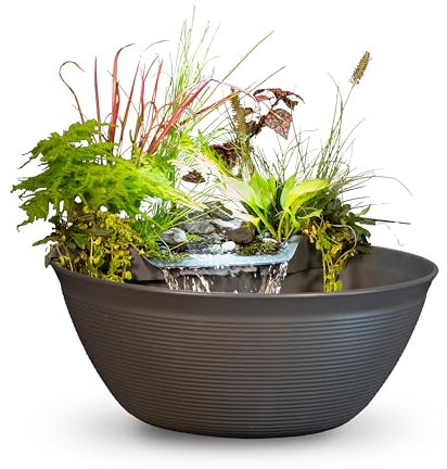 Aquascape AquaGarden Container Water Feature Kit – Indoor & Outdoor Mini Pond with Waterfall Fountain, Pump & Filtration for Home & Patio, Brown