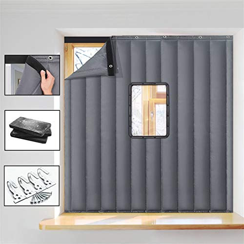 LIVEINU Wärmeschutzvorhang Für Fenster Ohne Bohren Thermo Türvorhang Isolier Schutz Panel-Isolierung mit Klettband Thermovorhang Verdunklungsgardine Winddicht 90x180cm Grau mit Fenster