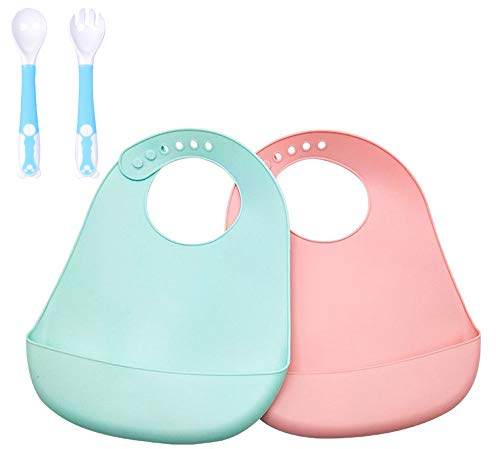 Treer Verstellbare Silikon Baby Lätzchen + Babylöffel, Wiederverwendbar Weich Wasserdicht lätzchen mit Auffangschale Leicht zu Reinigen - BPA Frei (Einfarbig)