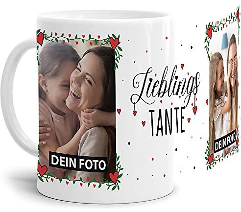 Tasse - Lieblings-Tante - zum selbst Gestalten mit zwei Fotos - Fototasse für die Tante - Keramik, Weiß, 300 ml