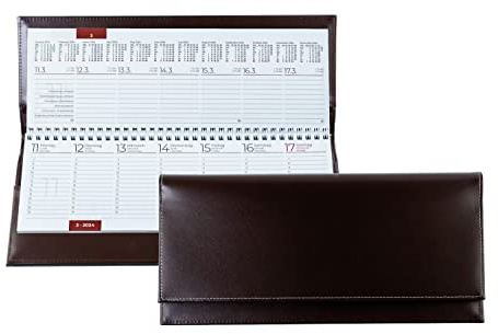 DELMON VARONE – Calendrier de table 2021 Cambridge Top Grain Cuir Marron – Calendrier de table paysage avec 1 semaine sur 2 pages – Cuir véritable – Calendrier hebdomadaire – Calendrier de bureau &