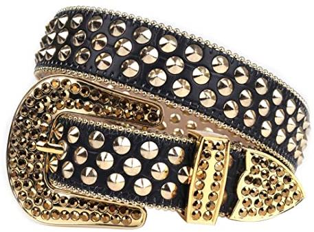 Fashion Western Nietengürtel Cowboy Cowgirl Strass Gürtel Schwarz Strap mit Gold Nieten Frauen Mann für Jeans Cinturones Para Mujer Schwarz Gold 96,5 cm