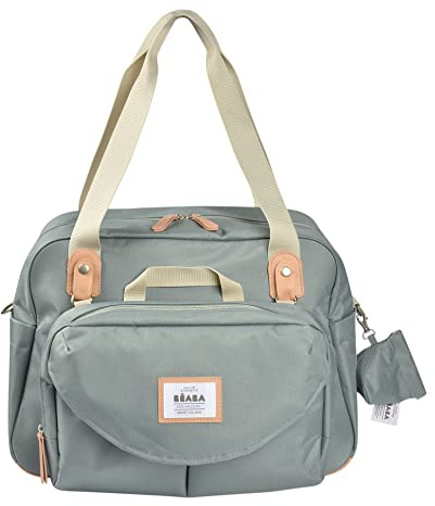 BEABA, Sac à Langer Genève II, Modulable, Grande contenance, Rangements multiples, Pochette avant amovible, repas isotherme, Système attache poussettes, Vert sauge