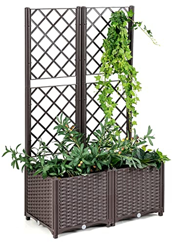COSTWAY Blumenkasten mit Rankgitter, Pflanzkasten für Kletterpflanzen, Hochbeet mit Spalier, Blumenkübel für Garten Hof Balkon, Gartenspalier Rankkasten mit Selbstbewässerung (Braun, 80 x 40 x 140 cm)