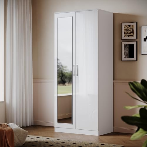 ELEGANT Modern High Gloss Soft Close 2 Doors Wardrobe with Mirror and Metal Handles Includes Removable Hanging Rod and Storage Shelves, White Bedroom Furniture Sets