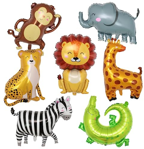 XXL Folienballon Tiere, 7 Stück Folienballons Tier Luftballons, Dschungel Tiere Luftballons, Waldtiere Löwe Tiger Ballon, Helium Ballons Tiere für Kinder Geburtstag Party Deko