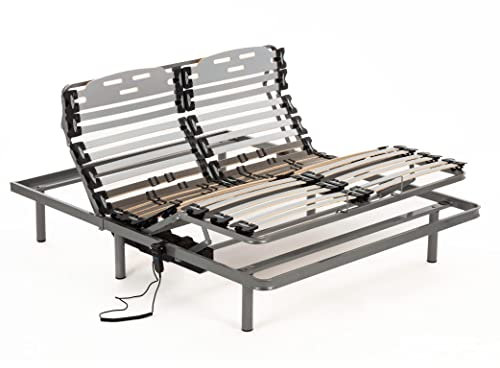 Nalui Lattenrost für Bett 150 x 190 cm mit ProCare Füßen, 11 Latten aus Buchenholz von 10 cm und Struktur aus Stahl. Elektrisch mit Gelenk auf 5 Ebenen mit Steuerung und Schiebern zur Regulierung der