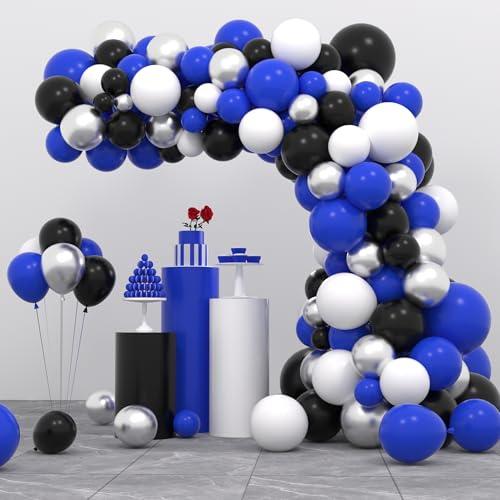 127 blau-schwarz-weiß-silberne Ballongirlande, königsblau-weiß-schwarze Ballons, metallisch-silberne Ballons für Jungengeburtstag, Babyparty, Weltraum-Videospiel, Abschlussfeier-Dekoration