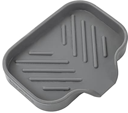 MicoYang Silicone Soap Dish with Drain Spout, Self-Draining Sink Organizer Tray for Bathroom and Kitchen, Sponges, Dispensers and Soap Holder, Non-Slip and Dishwasher Safe, Grey (Compact, 4.9×3.2)