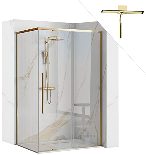 ECOLAM® Dusche Duschkabine Eckdusche Solar Gold Klarglas transparent 90 x 90 195 cm golden bodengleich easy-clean Schiebetür + Duschabzieher Gold