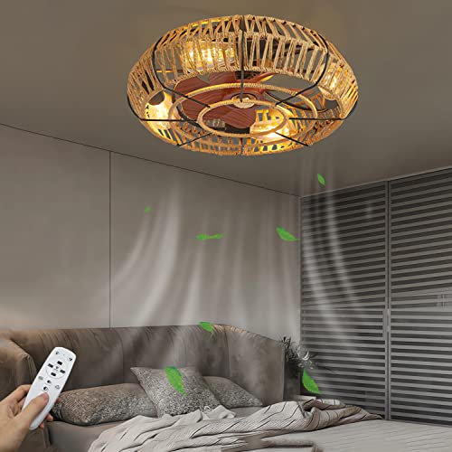 WERSVG Vintage Ceiling Fan with Light and Remote Control Quiet Rattan Fan Lamp E26 Bulb Retro Lantern Lampshade Indoor Ceiling Fan with Lamp for Kitchen Bedroom Dining Room 48cm