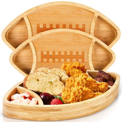 Qunclay Bambus-Serviertablett in Fußball-Form, Fußballteller, Chip-Dip-Snack-Servierschale, wiederverwendbar, Party-Servierplatte, Serviergeschirr für Spiel, Heckklappe, Partyzubehör, Dekorationen, 2