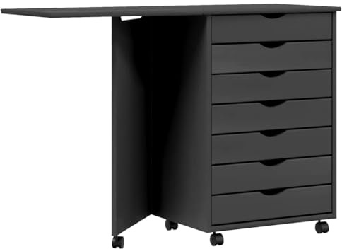 vidaXL Moss Grey Solid Wood Pine Rolling Cabinet with Desk 7 Drawers Mobile Filing Versatile Rustic Office Storage Solutions Chest of Wooden File Under Wheeled Drawer Trolley