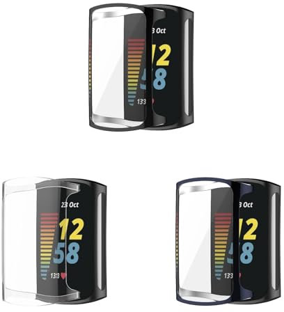 Case Compatible with Fitbit Charge 6 with Screen Protector, 3 Pack Flexible TPU Shockproof Scratch Proof Cover Case for Fitbit Charge 5/Charge 6 Activity Tracker (Black/Clear/Blue)