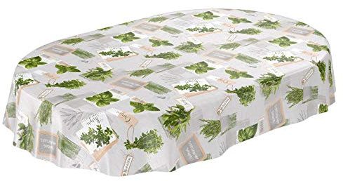 Tischdecke Wachstuchtischdecke Wachstuch Wachstischdecke pflegeleicht abwaschbar Kräuter Grün Beige Bio Basilikum Oval 140 x 200cm