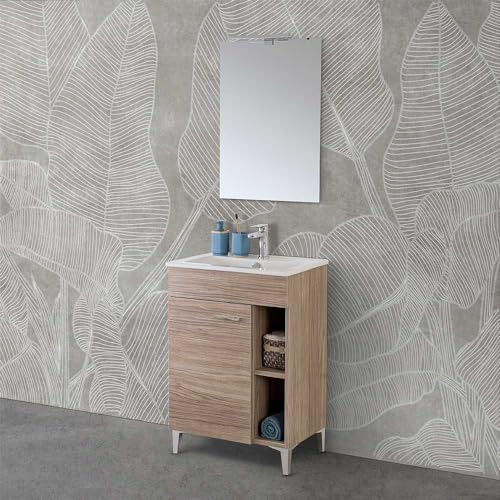 Inbagno Mobile bagno a terra 60 cm salvaspazio in rovere tropea con anta e 2 vani a giorno, lavabo e specchio LED 52x68 cm, MARTHA