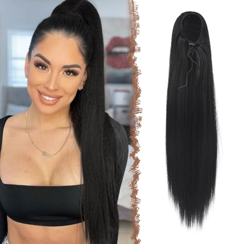 FESHFEN Pferdeschwanz Extensions mit Kordelzug Lang Gerade Zopf Kordelzug Pferdeschwanz Haarteil Glatt Haarverlängerungen Synthetik Natürliches Schwarz Drawstring Ponytail Extension für Damen 70 cm