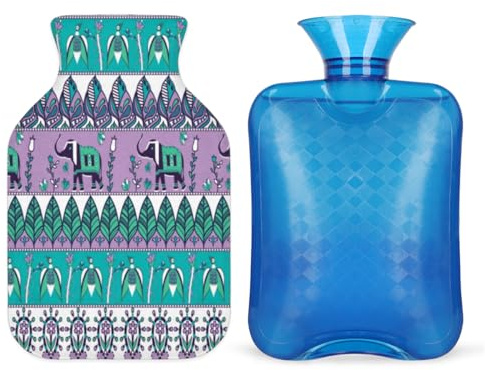 Vintage Elephants Hot Water Bottle with Soft Cover 1L Hot Water Bag for Hot and Cold Compress, Hand Feet and Bed Warmer, Menstrual Cramps, Neck and Shoulder Pain Relief