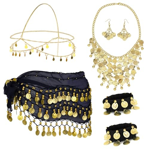 SHOWHEEL 7 Sets Bauchtanz Accessoires Damen, Bauchtanz Hüfttuch mit Goldmünzen Ohrringe, Halskette, Armbänder und Kopfschmuck, Schmuckset Bauchtanz, Bauchtanz Kostüm für Carnival, Mottoparty