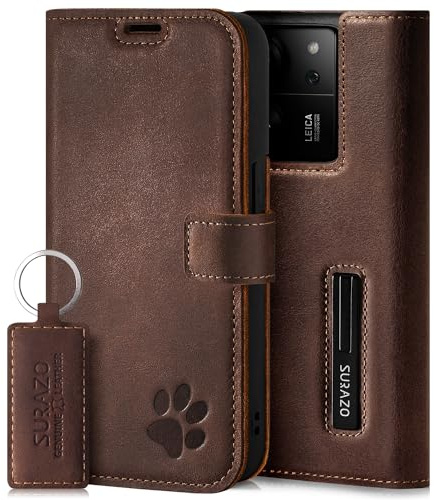 SURAZO Premium Handyhülle für Xiaomi 13T Pro & 13T 5G – Echtleder Schutzhülle mit Pfote Motiv – RFID Klapphülle [mit Magnet, Standfunktion, Kartenfach] Cover Hülle Leder Case Lederhülle (Nussbraun)