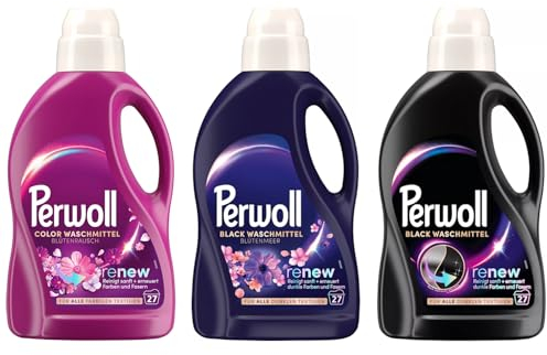 PERWOLL Flüssig-Set 3x 27 Waschladungen (81WL) 1x Black & 1x Black Blütenmeer & 1x Color Blütenrausch, Feinwaschmittel-Set reinigt sanft und erneuert Farben und Fasern