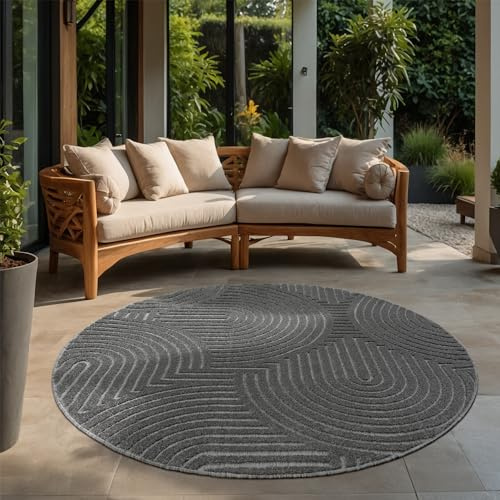 SANAT Berlin Outdoor Teppich Wetterfest - Teppich für den Innen- und Außenbereich - Balkon Teppich Wasserabweisend - Teppiche für Terrasse, Garten, Küche, Bad oder Wohnzimmer - Grau, 120 cm Rund