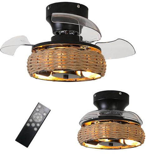 Retro Deckenleuchte Mit Einziehbarem Ventilatorflügel 4w Glühbirne Käfig Deckenventilator mit Beleuchtung Und Fernbedienung Timer 6 Speed Reversibel Klein Deckenlampe Ventilator Schlafzimmer,Hanfseil