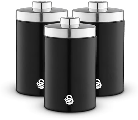 Swan Townhouse Set of 3 Storage Canisters, Stainless Steel, Airtight Lids, Colour Coated Iron and Chrome Accents, 1.6L, Black