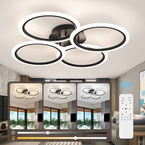 Vloitgol LED Deckenleuchte Dimmbar, 50W 73cm Deckenlampe Schwarz Modern Wohnzimmerlampe mit Fernbedienung, 3000K-6500K, 3-Ringen kreis Schlafzimmerlampe Led Deckenbeleuchtung für Büro Küche esszimmer