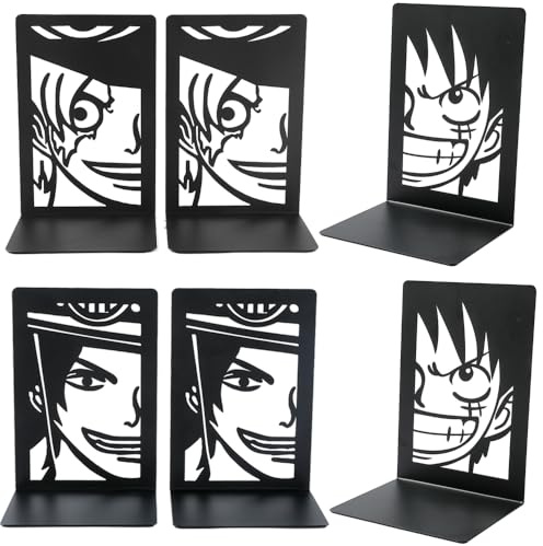 Luffy Buchstützen aus schwarzem Metall, Anime-Cartoon-Buchstützen, Heimbüro, Aufbewahrungsgeschenk für Hobby-Anime-Fans und Freunde (3 Stück, einteilig)